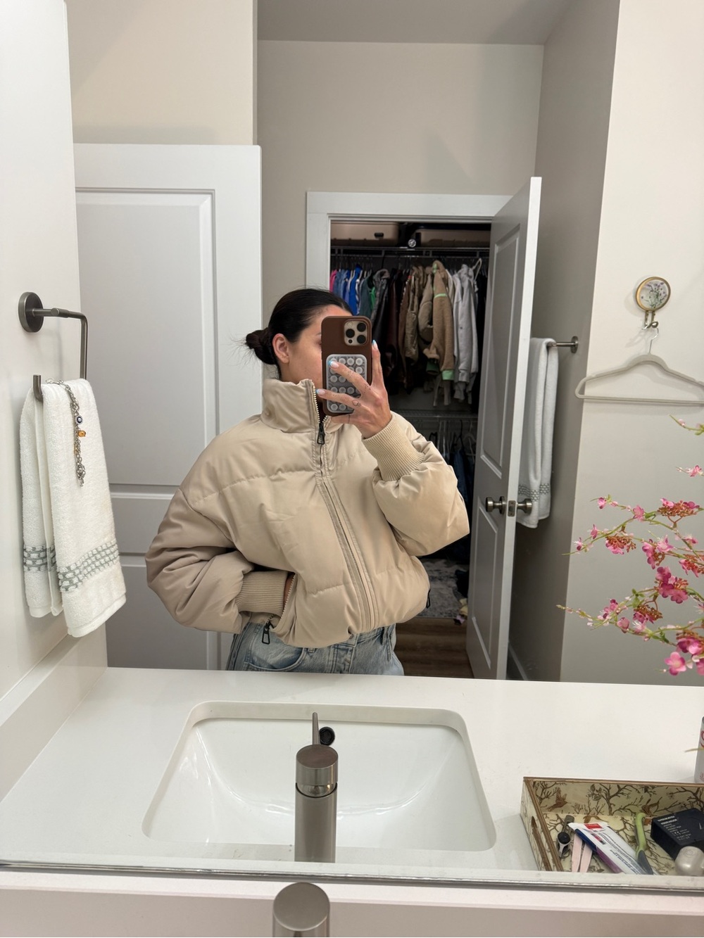 Beige Women's Puffer Jacket - Lightweight Cropped Coat